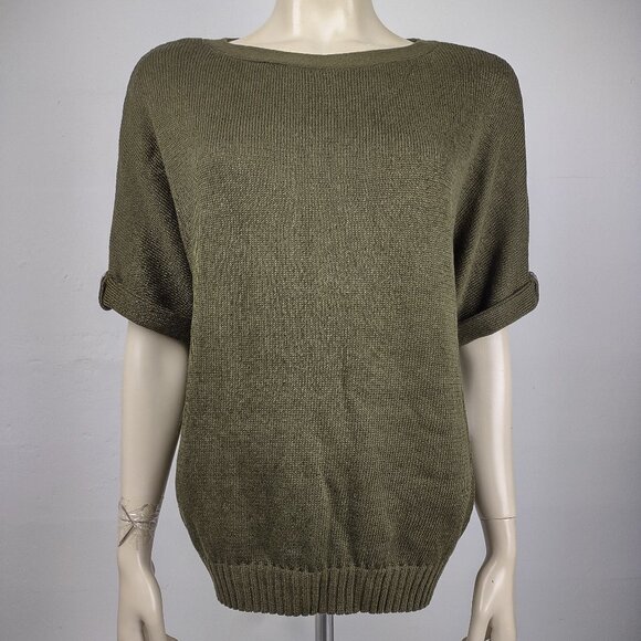 NWT Chico's Ambered Olive green Caviar Trim sweater tee short sleeve size 1 - Picture 1 of 9